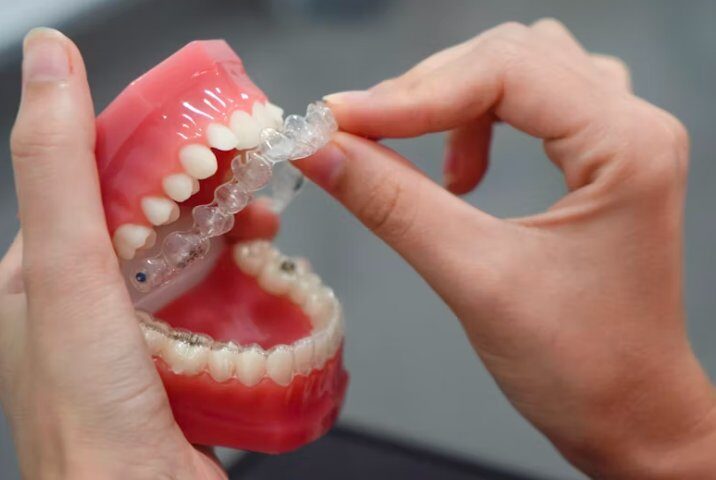Clear aligner being fitted on teeth model