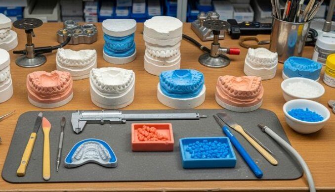 Lab workspace with stone models, impression materials, and tools