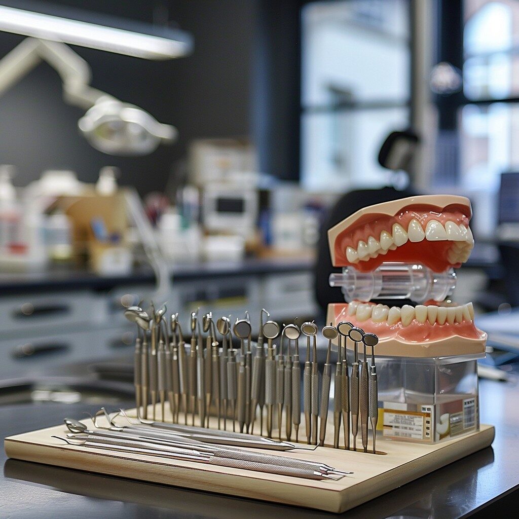 Dental laboratory workspace with tools
